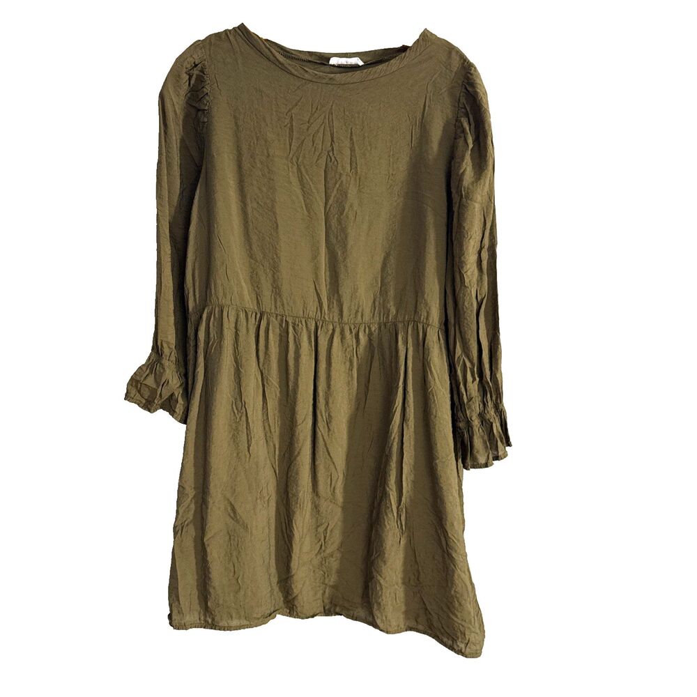 LACAUSA Parkington Pullover Crew Neck Boho Dress SZ S Olive Short 3/4 Sleeve USA